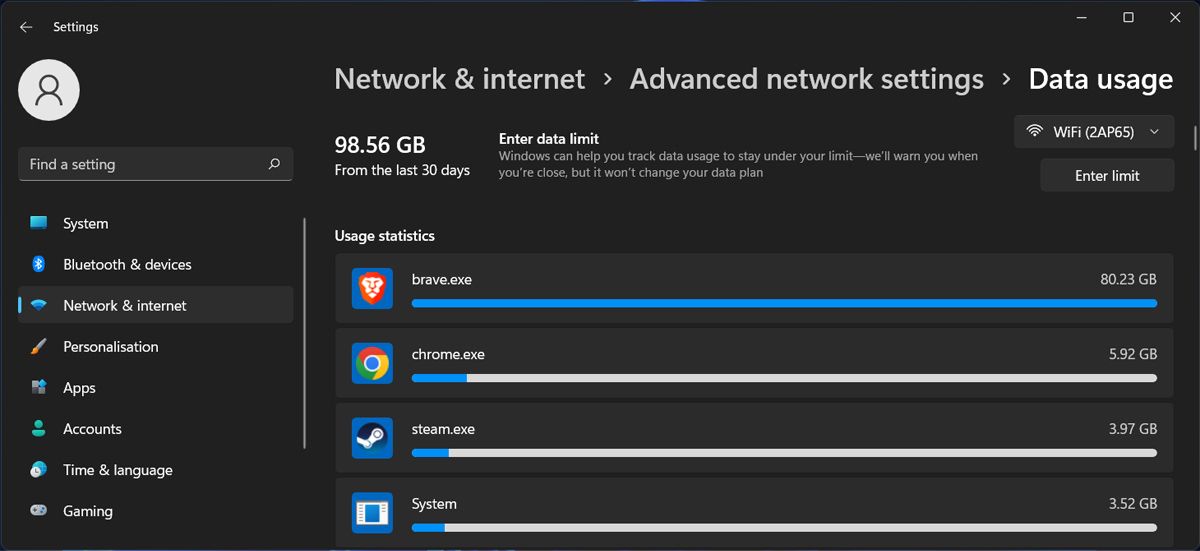 Check data usage in Windows 11