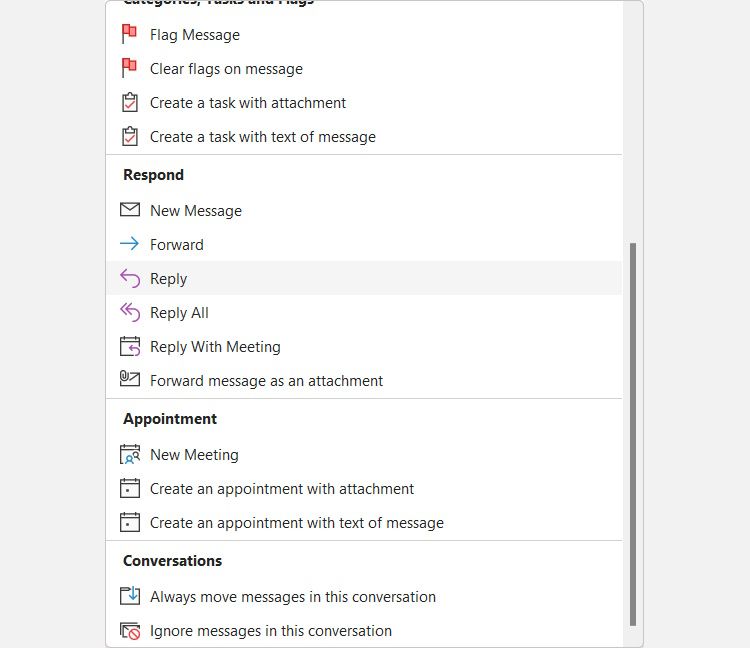 Choosing the Reply template when creating a Quick Step on Windows