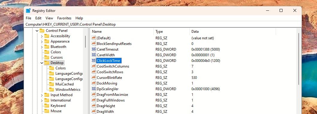 ClickLockTime Key in Registry Editor