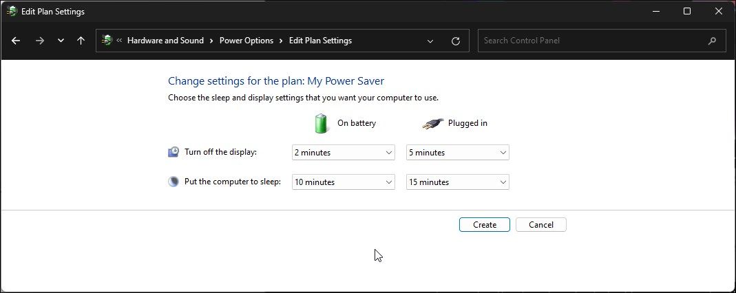 control panel create power plan configure