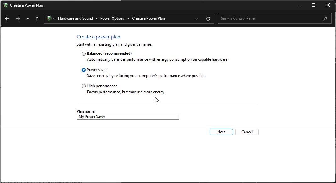 control panel create power plan power saver windows 11