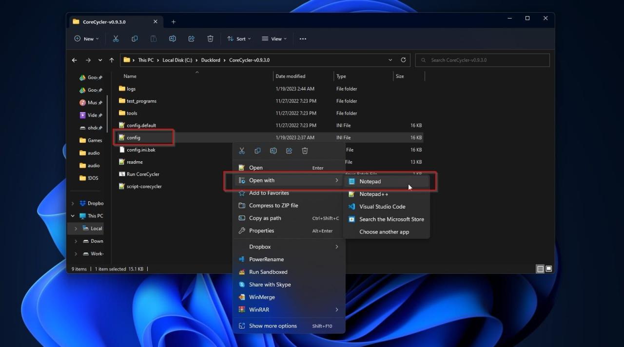 CoreCycler Config Open With Notepad