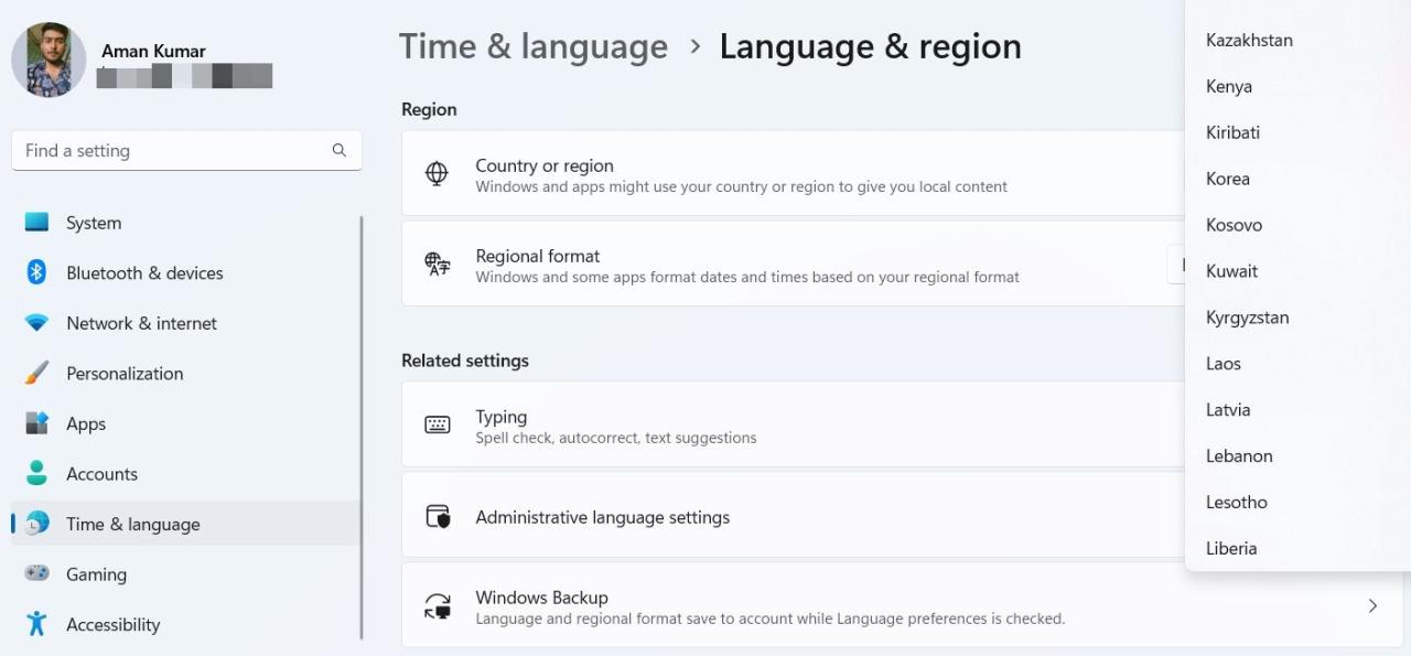 Country & region option in the Settings app