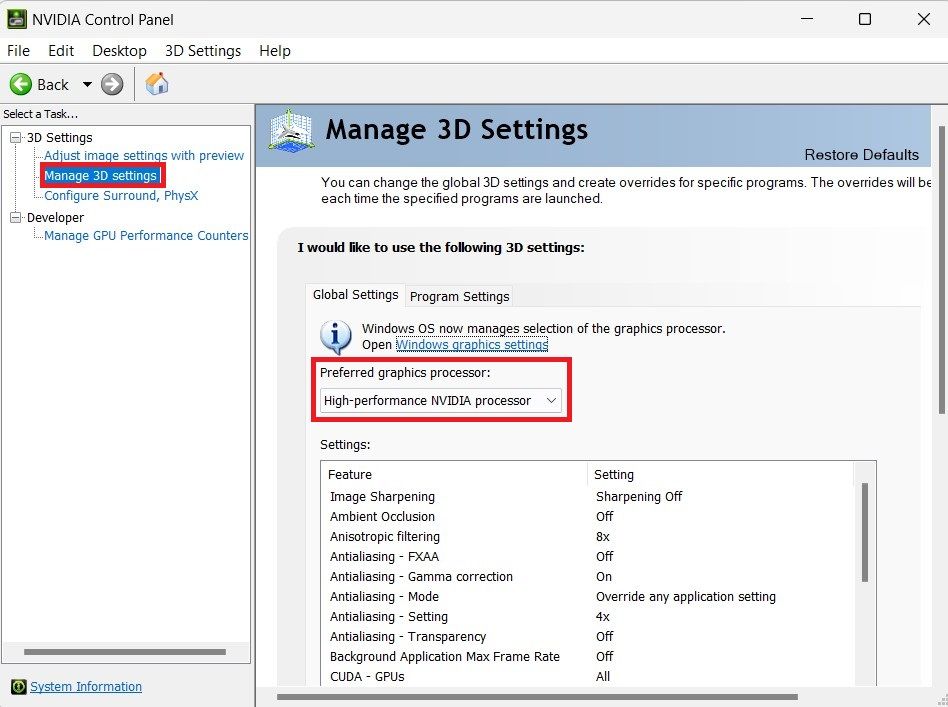 Setting the default graphic processor in the NVIDIA control panel