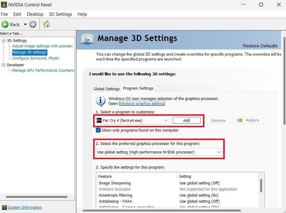 Program settings on the NVIDIA Control Panel