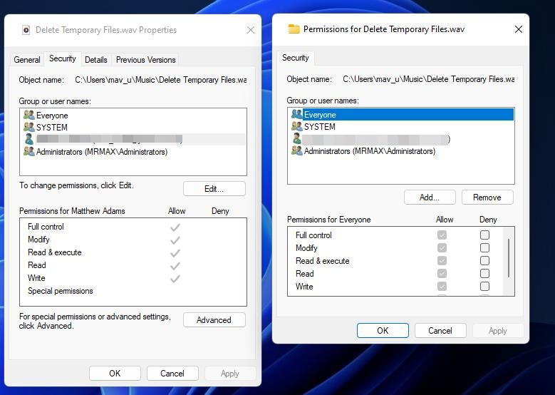 The Deny checkboxes for file permissions