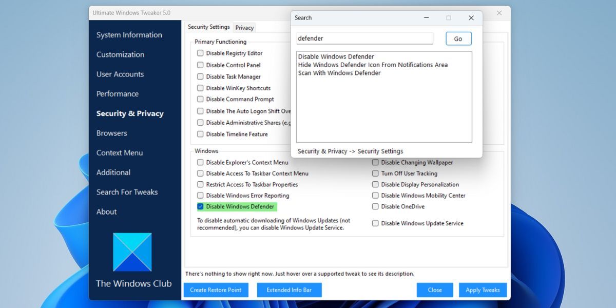 Disable Windows Defender Using Ultimate Windows Tweaker