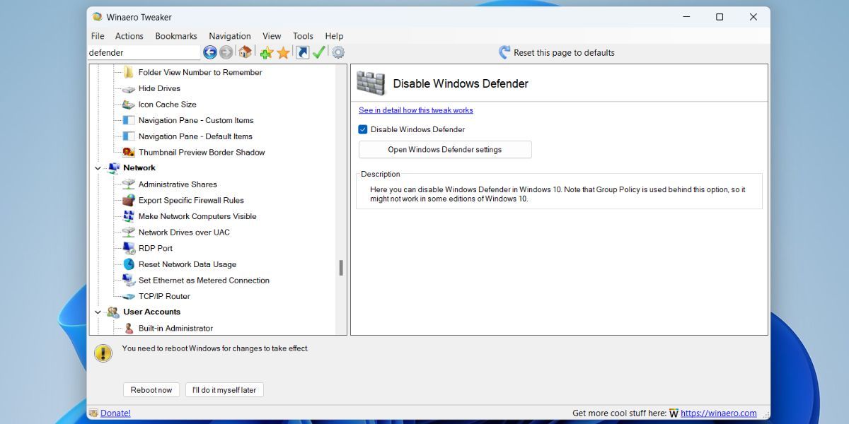 Disable Windows Defender Using Winaero Tweaker