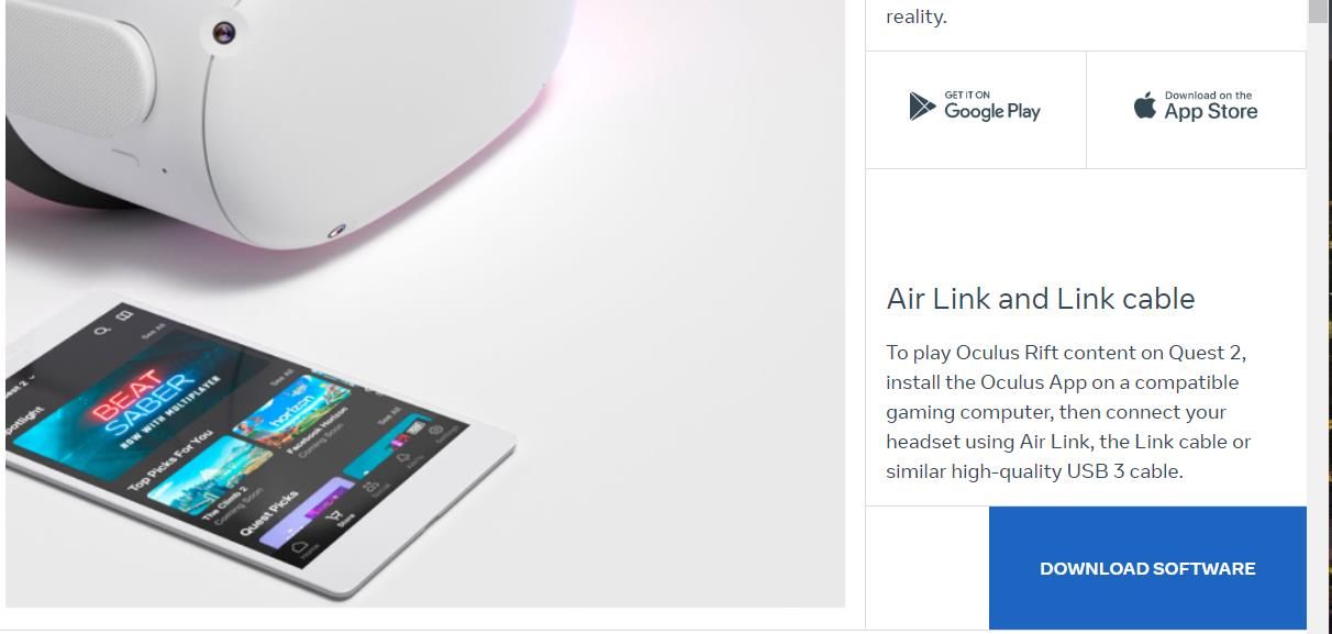 The Download Software option for Oculus Windows app