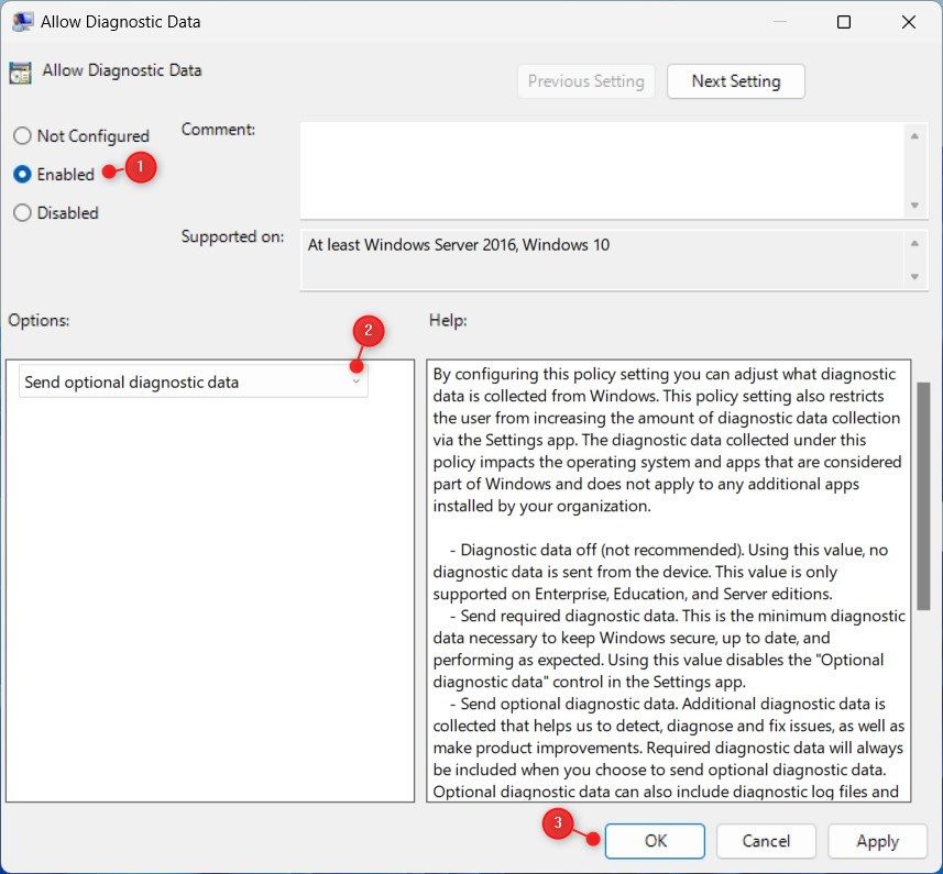 Enabled Allow Diagnostic Data