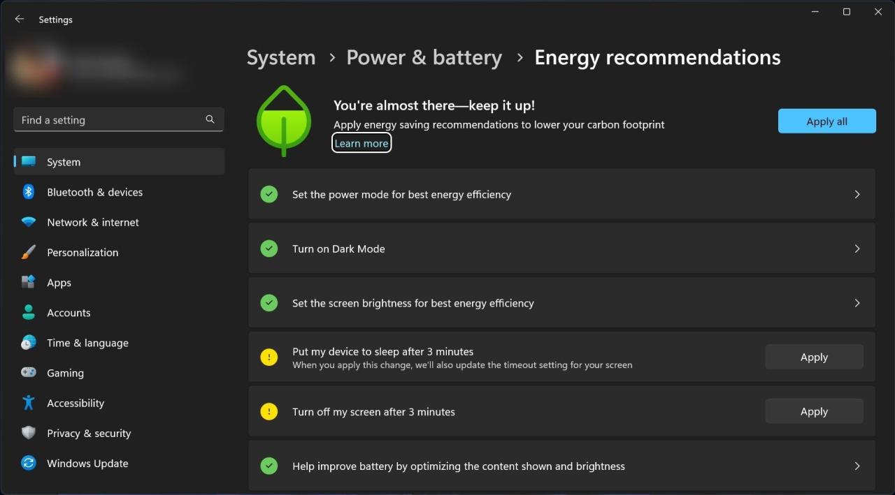 Energy Recommendations in Windows 11