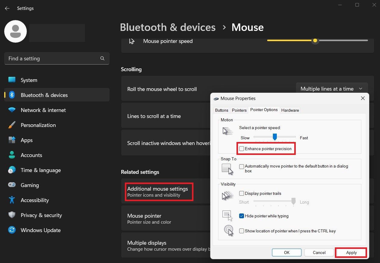 How to turn off enhanced pointer precision on Windows 11