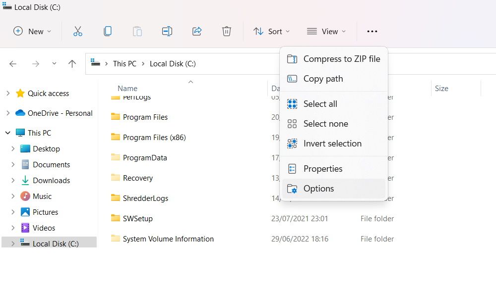 selecting options in the top menu of file explorer in windows 11