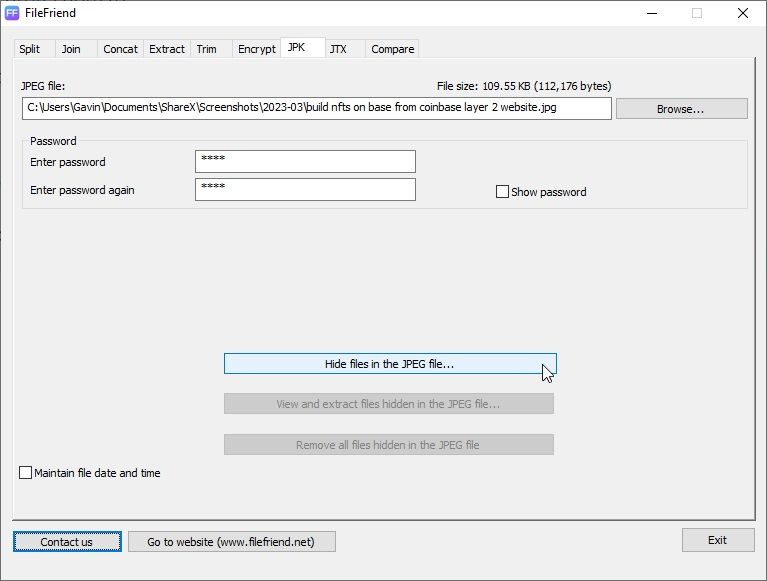 filefriend hide files inside jpeg tool