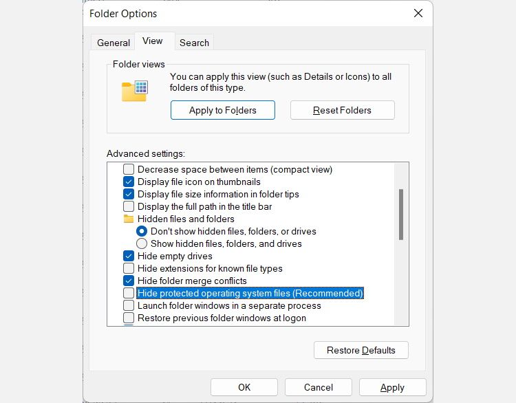 The unhide protected os files option in folder options