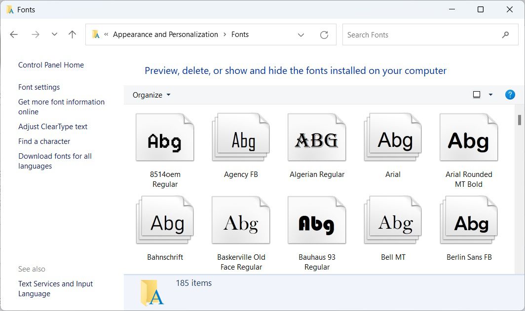 the Fonts screen in the Control Panel on Windows