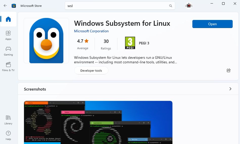 opening the WSL app in the Microsoft Store