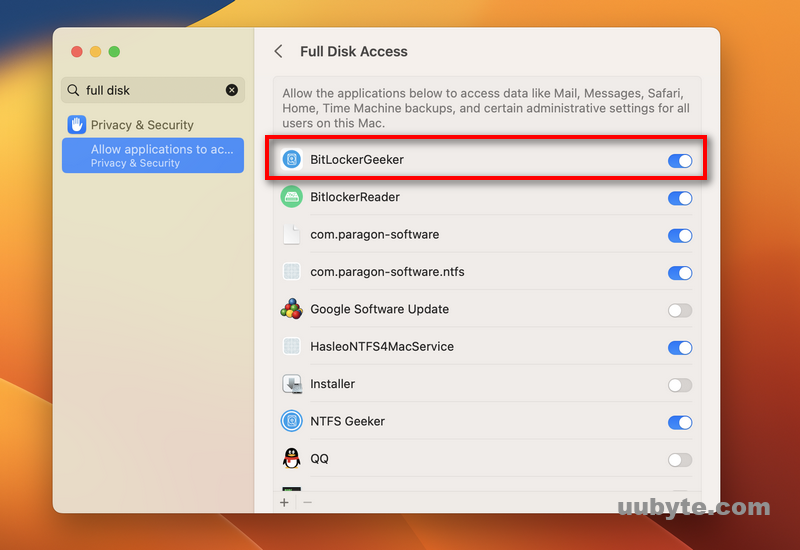 full disk access bitlockgeer