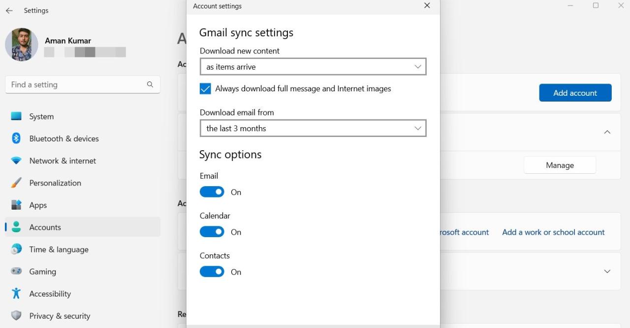 Gmail sync settings in the Settings app