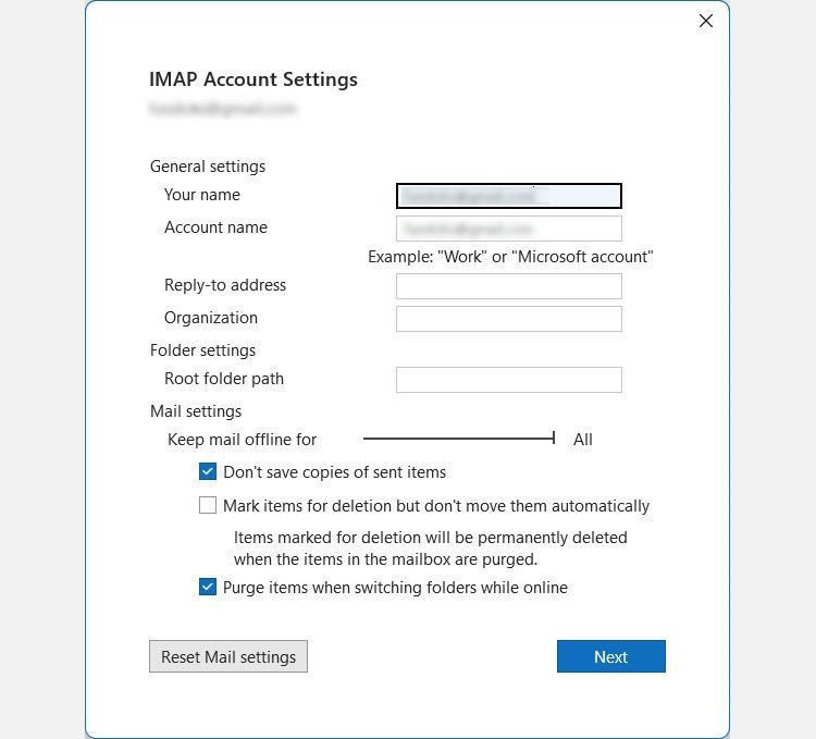 the IMAP account settings in Outlook on Windows