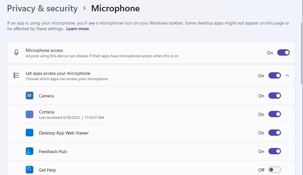 The Let apps access your microphone setting