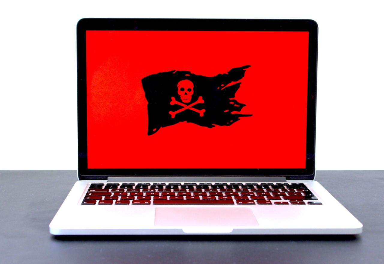 MacBook with red background and skull pirate flag on screen