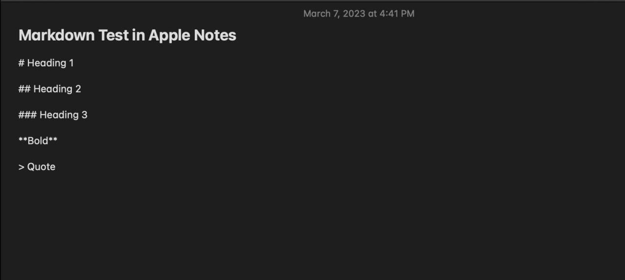 Markdown test in Apple Notes displaying markdown styles