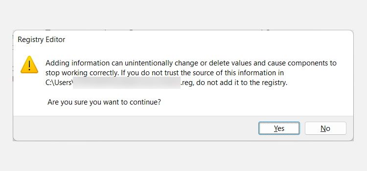 message to continue merging a registry file with the windows registry