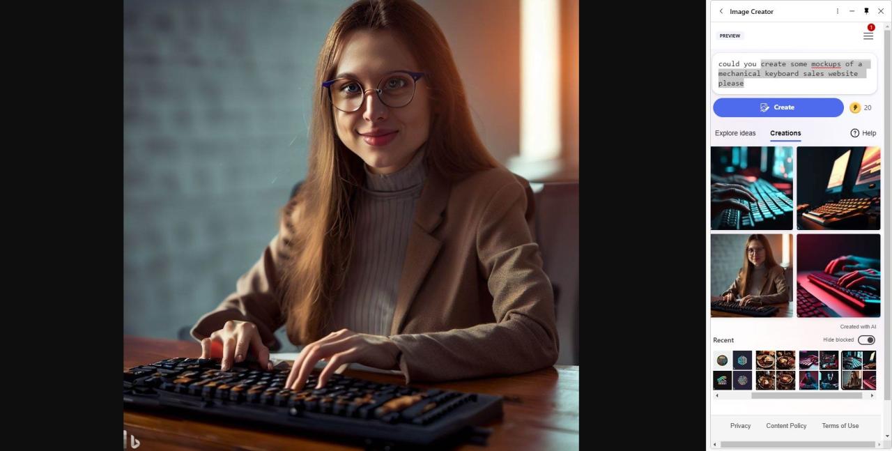 microsoft bing image creator march 2023 mechanical keyboard with woman typing