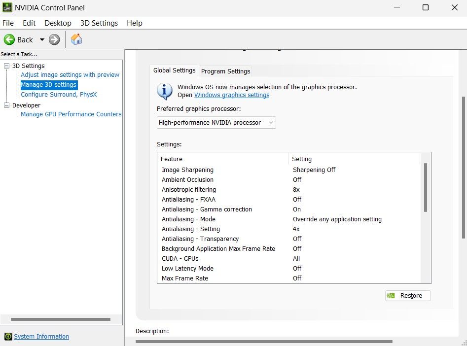 NVIDIA Control Panel Graphics Settings