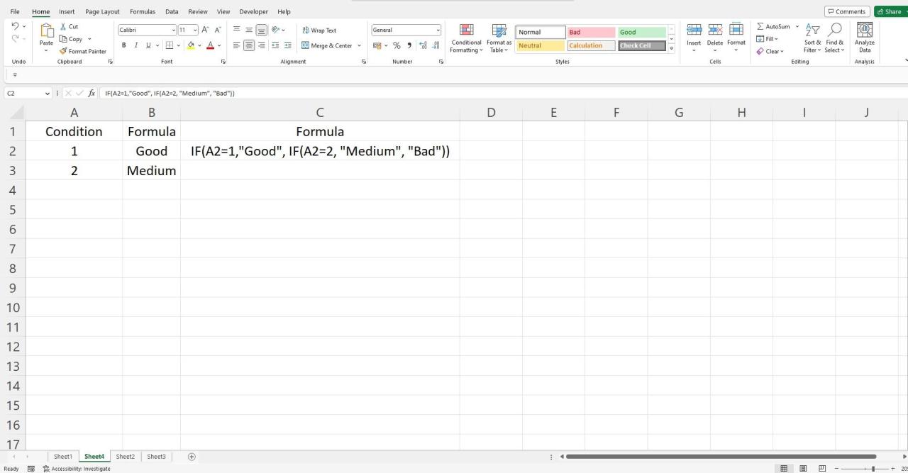 Sample data and nested if function formula in an Excel spreadsheet