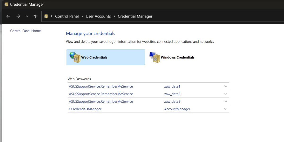 Open Credentials Manager Using Control Panel