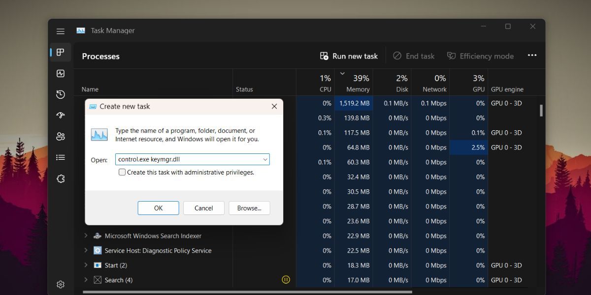 Open Credentials Manager Using the Task Manager