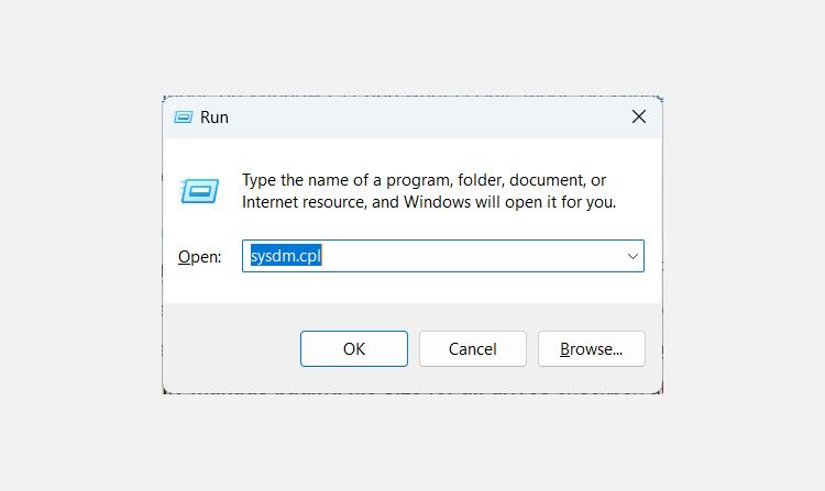 opening the System Properties window using Windows Run