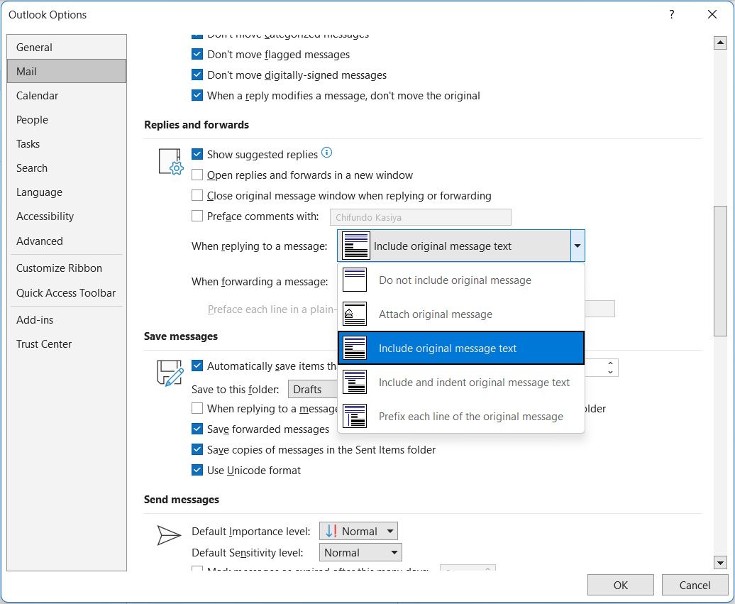 setting the reply and forwarding dropdown menus that change the appearance of the original message in Outlook on Windows