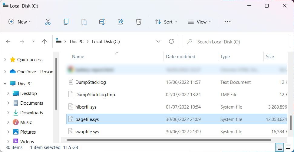 the pagefile.sys file in the root folder of the local drive