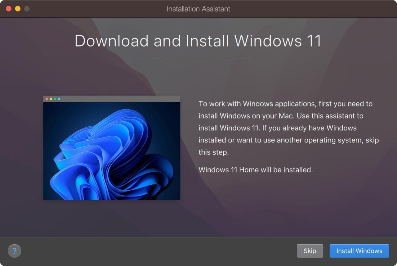 Installation Assistant in Parallels Desktop 18 for macOS offering to download and install Windows 11