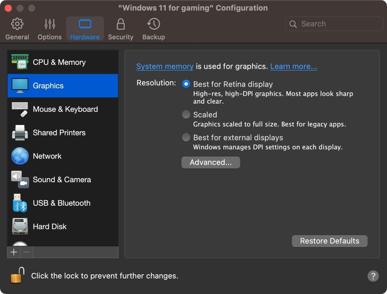 Adjusting Windows 11 virtual machine graphics in Parallels Desktop 18 for macOS