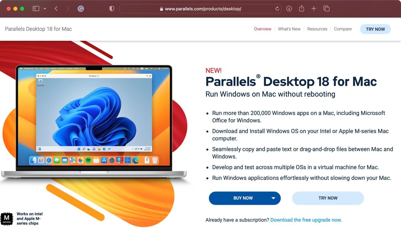 The Parallels Desktop 18 website