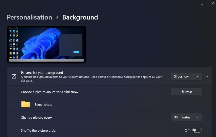 Desktop slideshow settings in Windows 11