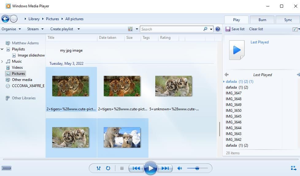 Selected slideshow images in Windows Media Player