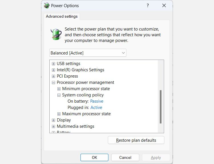 Power Options menu on Windows with the System cooling policy expanded