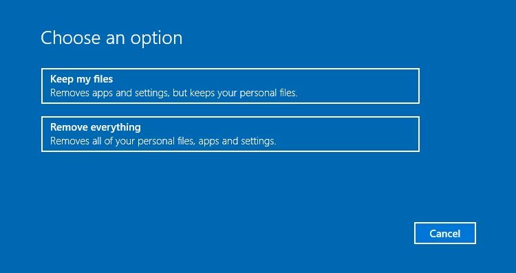 reset windows 10 options to keep files