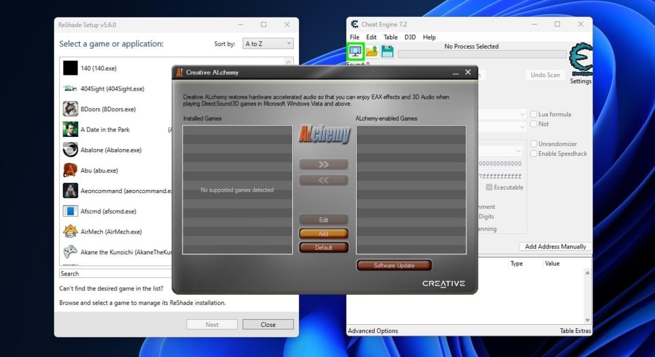 ReShade Cheat Engine and Creative ALchemy on Windows11 Desktop