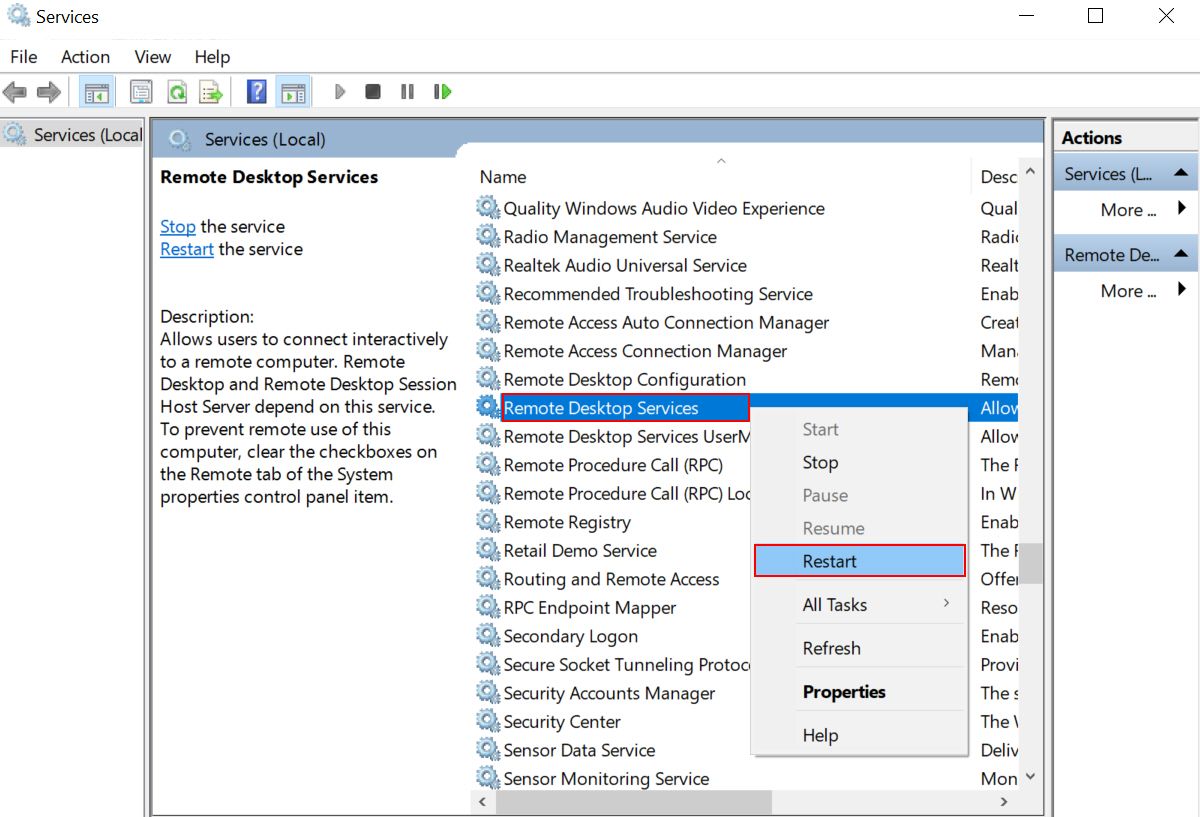 RDC Service Restart Option In Windows