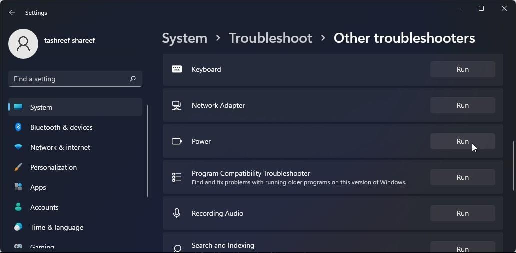 run Windows 11 power troubleshooter