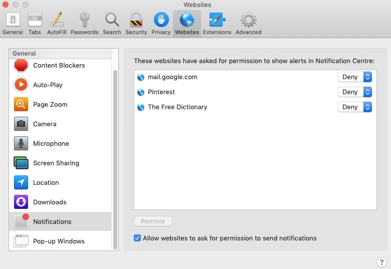 screenshot of safari preferences websites tab