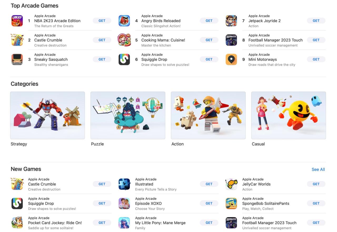 Screenshot of Apple Arcade in the Mac App Store