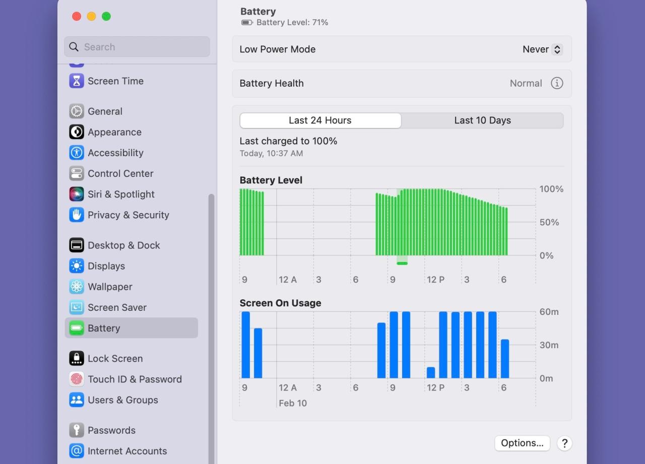 Screenshot of Battery menu in System Settings