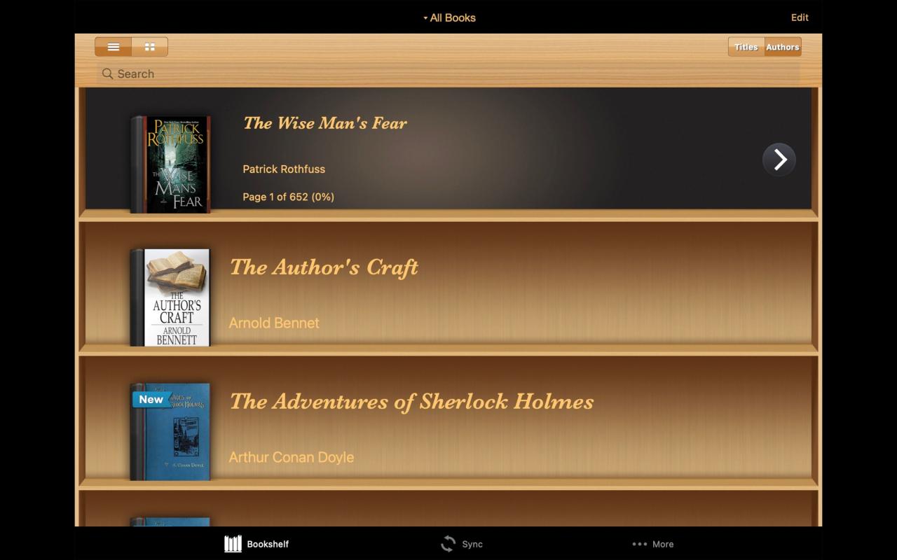 Screenshot of Ebook Reader\'s home bookshelf with three books on display